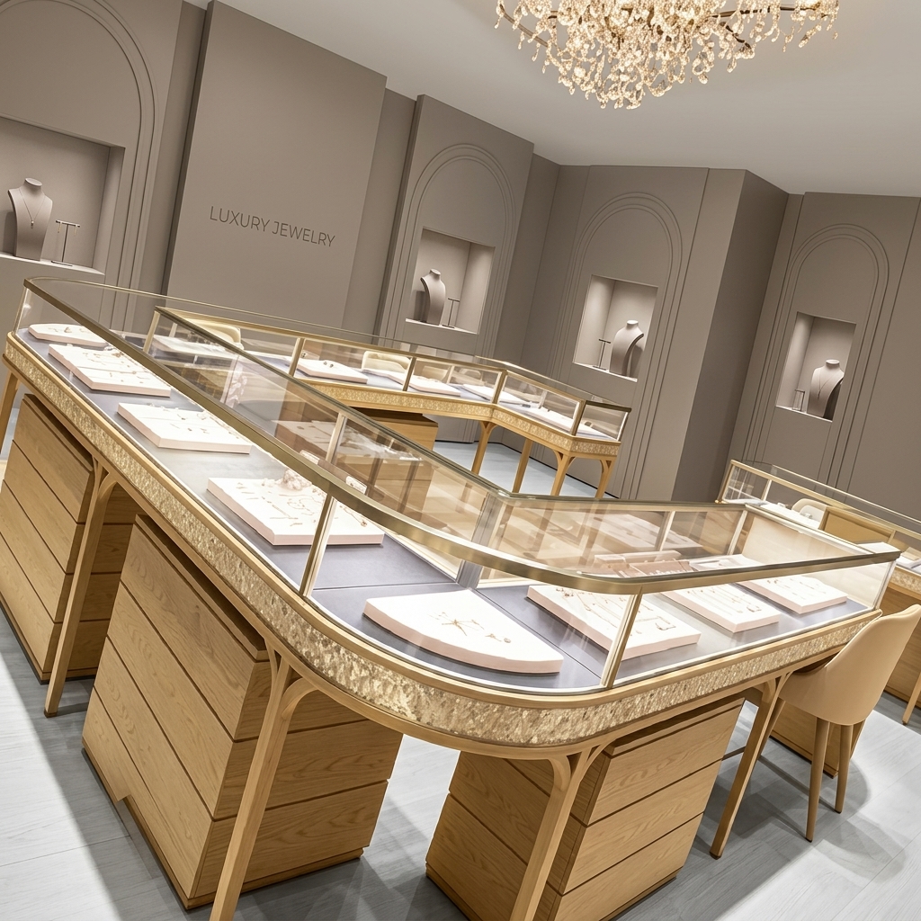 Luxury Champagne Gold LED Eco-Friendly Jewelry Store Interior Design Complete Turnkey Fixture Package U-Shaped Central Showcase