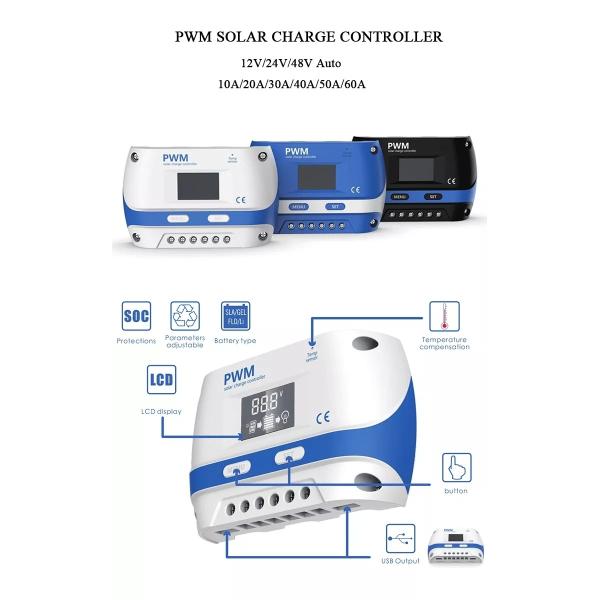 Modo de carga PWM 10A 20A 40A 50A 60A Controlador de carga del panel solar con 2 puertos USB