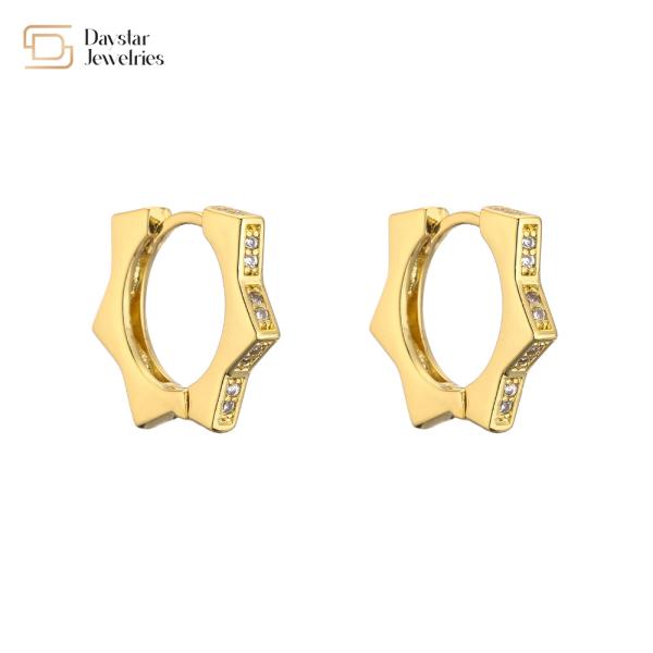 Geometric Brass 18k Gold Plated Hoop Earrings Diamond Zircon Huggie For Women