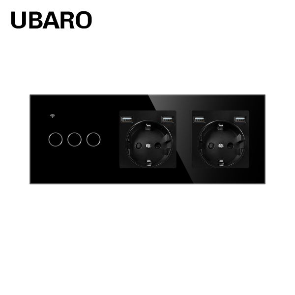 UBARO Smart WiFi 3-Gang Touch Light Switch with Dual EU Schuko Power Outlets and 4 USB-A Charging Ports - 600W Per Gang For Switch, 3500W For Socket, 2.4GHz WiFi Only