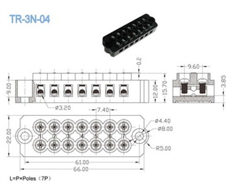 7 Pin Feed Through Terminal Block , 7.40mm Electrical Terminal Connectors