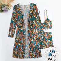Ladies Three Piece Swimwear Bikini Solid Color 3 Piece Swimsuit Floral Special Fabric