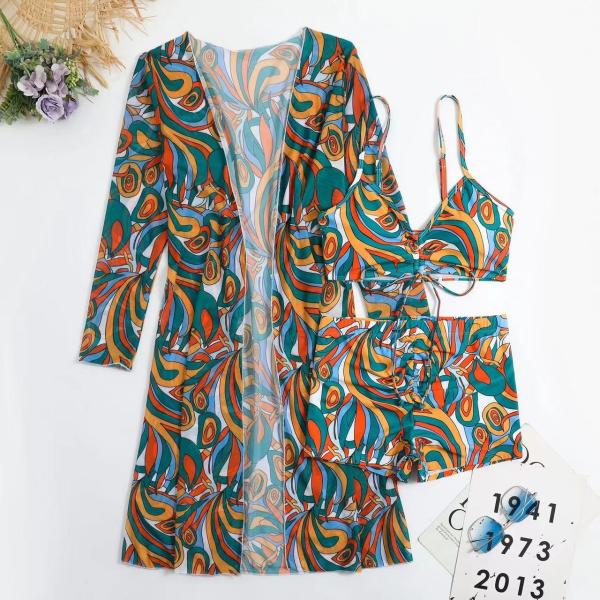 Дамы сплошной цвет бикини Swimwear 3 частей ткань купальника 3 частей флористическая особенная