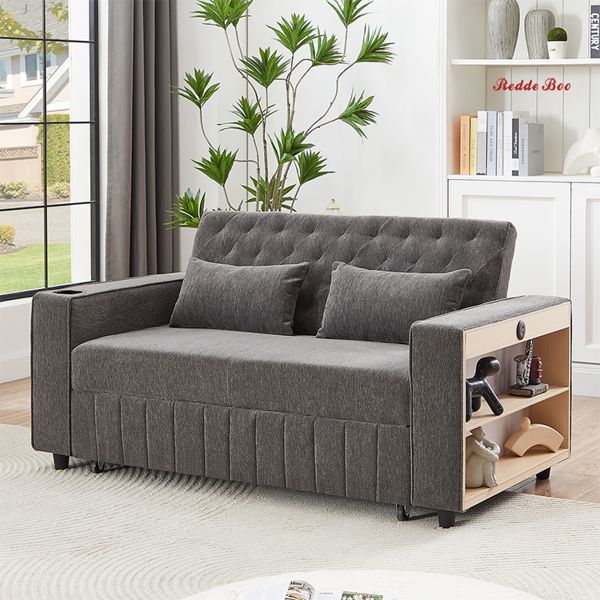 Redde Boo 3 in 1 Convertible Sleeper Sofa Bed With Side Storage, Pull Out Couch for Living Room, Adjustable Backrest, Linen Fabric Sofa Bed, Futon Couches Gray