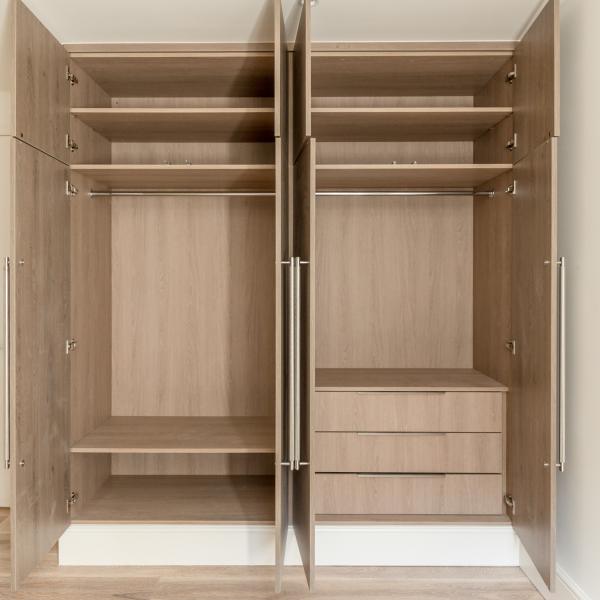 Wood Grain Melamine Swing Door Wardrobe Fitted Mirrored With Stainless Steel Handles