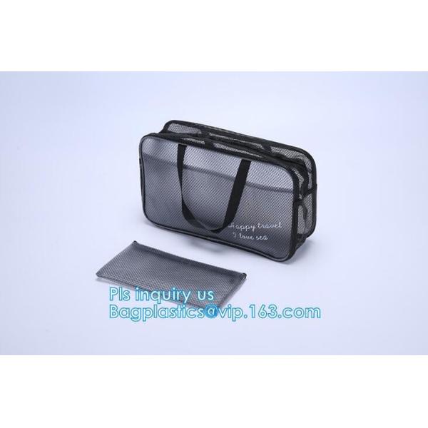 Embroidery Logo black nylon mesh cosmetic bag with zipper, mesh net zipper cosmetic makeup bag with custom logo, Women M