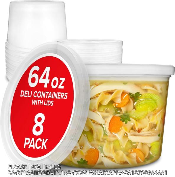 8oz 16oz 24oz 64 oz. Plastic Food Storage Deli Containers with Lids, Ice Cream Bucket & Soup Pail