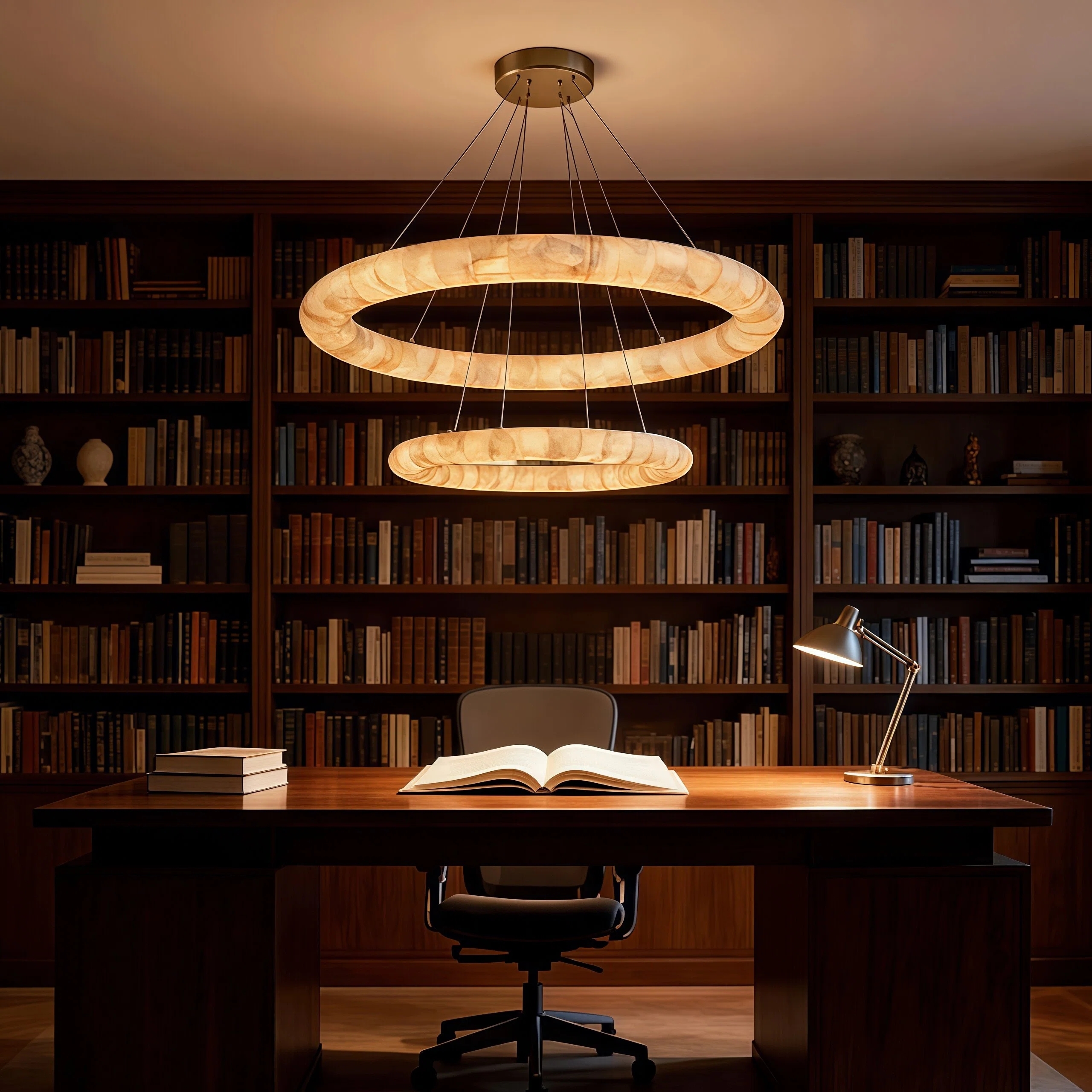 JYLIGHTING Modern 2-Tier Marble & Copper LED Pendant Light, Dimmable Circular Suspension Lamp for Dining & Living Room