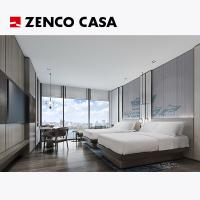 Conjunto de mobiliário de quarto de hotel com cama individual e mesa de cabeceira