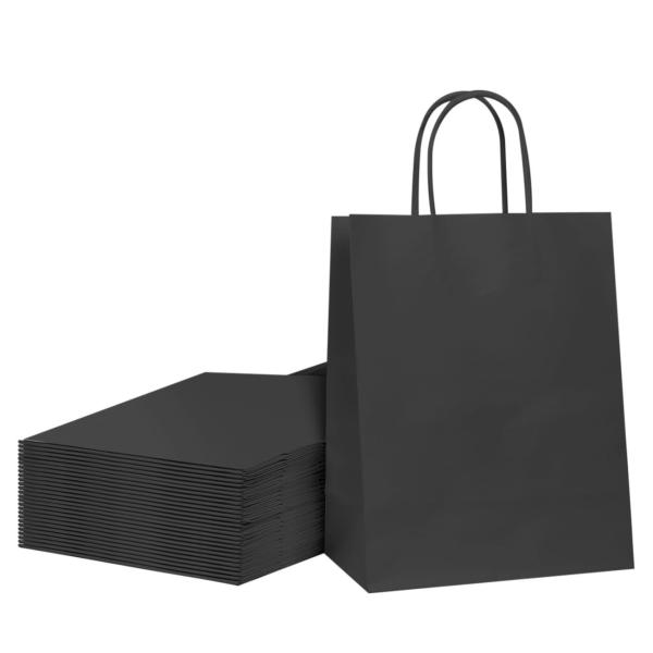 Exposição de bolsas de papel Kraft pretas personalizadas com seu próprio logotipo e alça de comprimento de mão