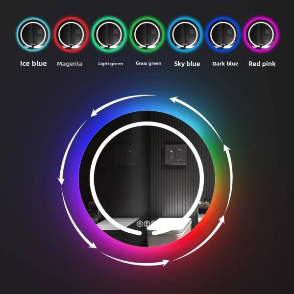 Kingstin Round RGB LED Bathroom Mirror, Frameless Smart Anti-Fog Vanity Wall Mirror, Dimmable Backlit Makeup Mirror