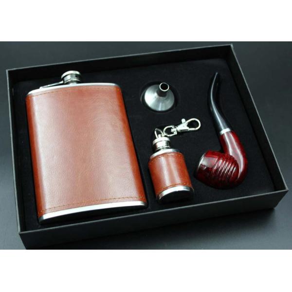 Portable Kitchen Household Items 9 Oz  Leather Hip Flask Business Gift Pipe Set