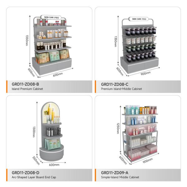 Retail Store Stand Grey Wooden Island Cabinet For Space-Saving Shop Table And Branding Shop Display