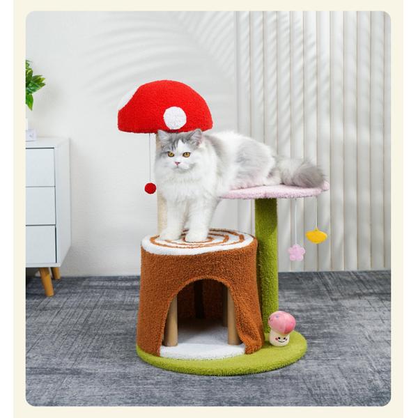 Cat Scratching Post and Hanging Toys Mushroom Cat Tree House for Living Room Cats