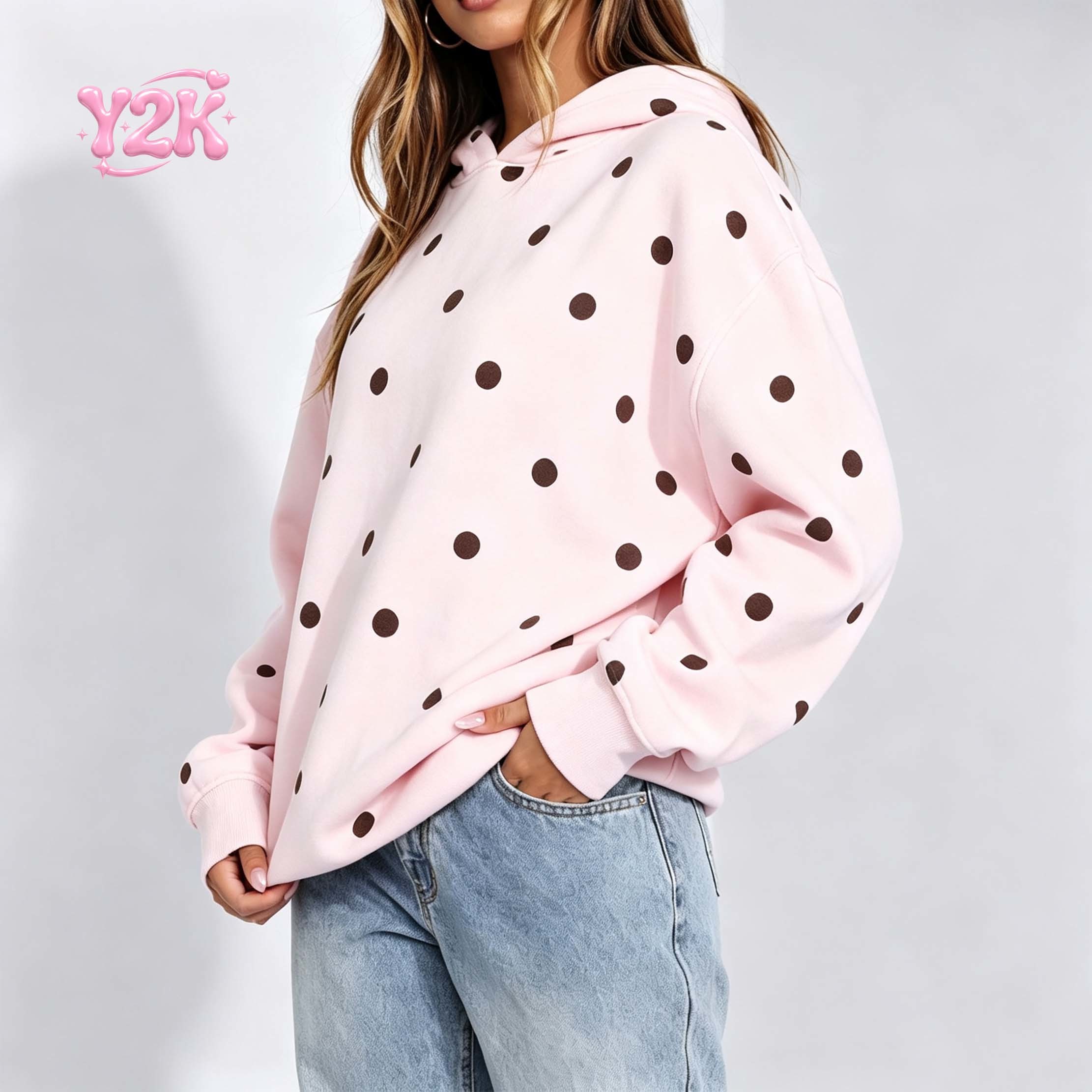 Custom Women's Pink Polka Dot Oversized Fleece Hoodie Sweatshirt