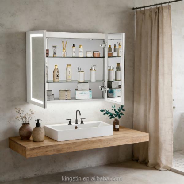 Kingstin LED Lighted Bathroom Mirror Cabinet Wall-Mounted Double Door with Storage & Anti-Fog Illuminated Vanity Mirror