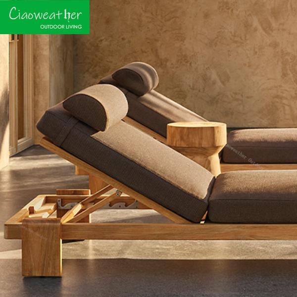 Outdoor Garden Villa Resort Furniture Teakwood Lying Bed Set with Sunshine Beach and Swimming Pool