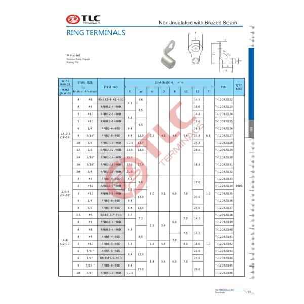 Silver Tin Plated Ring Terminals Lug For Electrical Connections 90D 0.5-6mm2