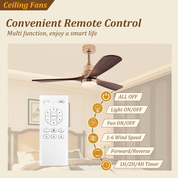 Ventilateur de plafond en feuilles de bois massif à commande à distance Ventilateur de plafond avec lumière