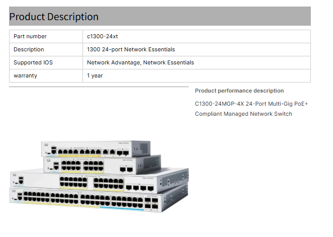Original New Cisco C1300-24XT High Performance 24 Port PoE+ Gigabit Ethernet Switch with 68 Gbps Capacity
