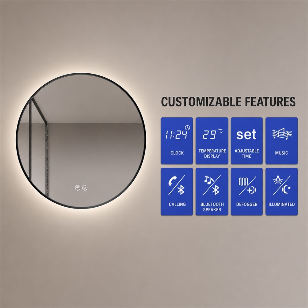 Round Black Stainless Steel LED Mirror with Anti-Fog Dimmable Backlit and 5MM Copper-free Silver Mirror