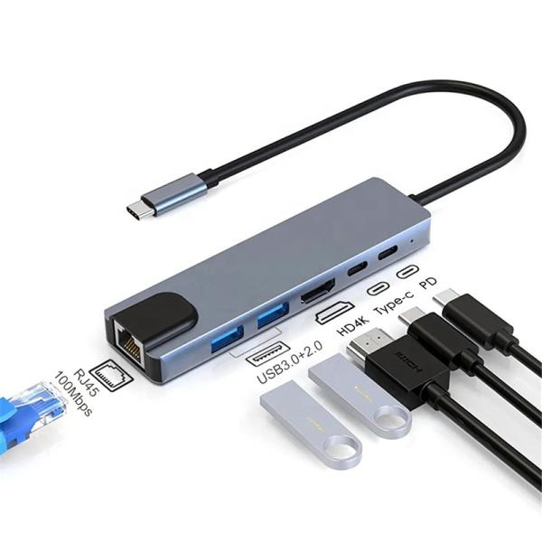 6 en 1 plaque tournante USB-C de type C HDMI USB3.0 USB2.0 RJ45 PD Chargement pour le transfert de données rapide