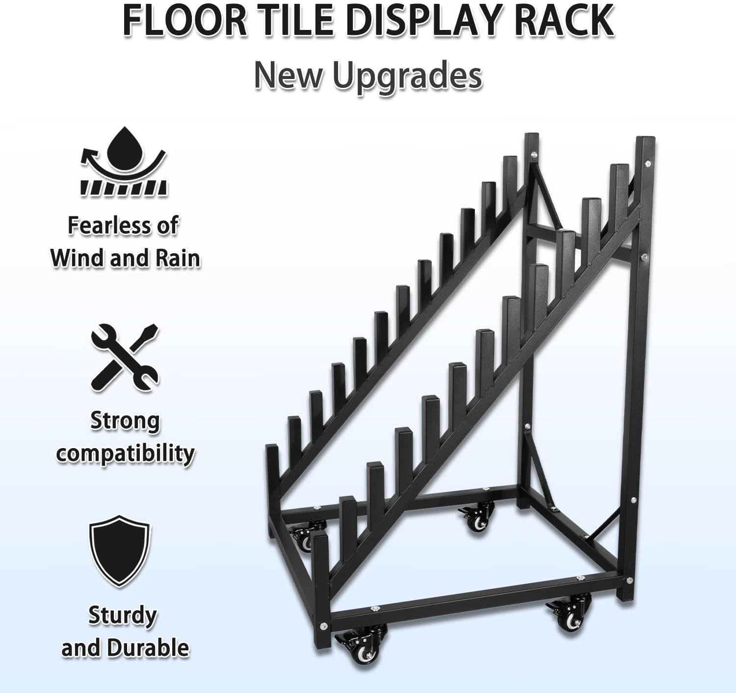 12 Layer Mobile Tile Display Rack High Carbon Steel Anti-Rust Lockable Wheels Triangle Reinforced Plastic End Caps