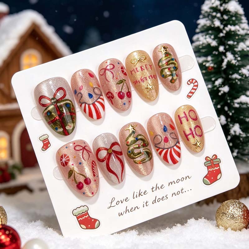 Wholesale Gift Bow Christmas Holiday Fake Nails Almond Nude Candy Cane Tree
