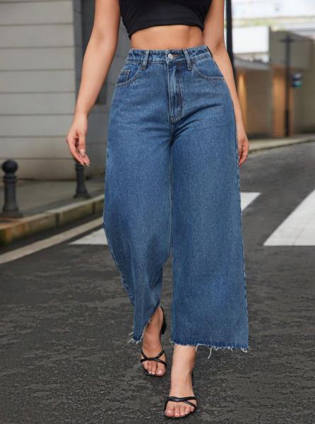 Vintage dark medium blue nine-point long wide-leg jeans