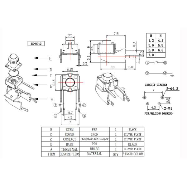 Thru Hole Momentary Tactile Switch 6X6mm Metal Bracket DIP Terminal With 4 Pin