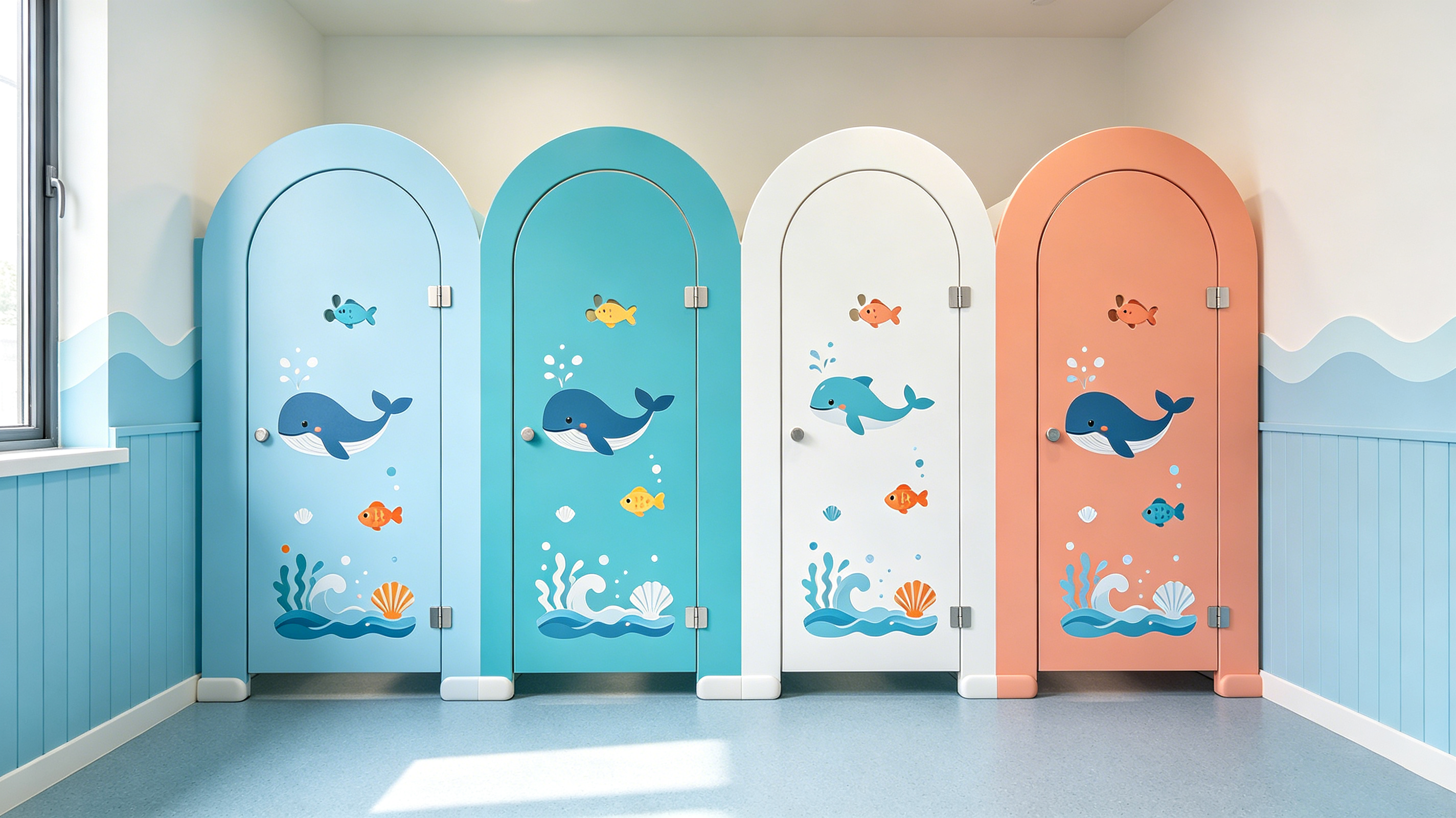 Custom Cartoon HPL Kids Toilet Partitions | Child-Safe & Easy Clean