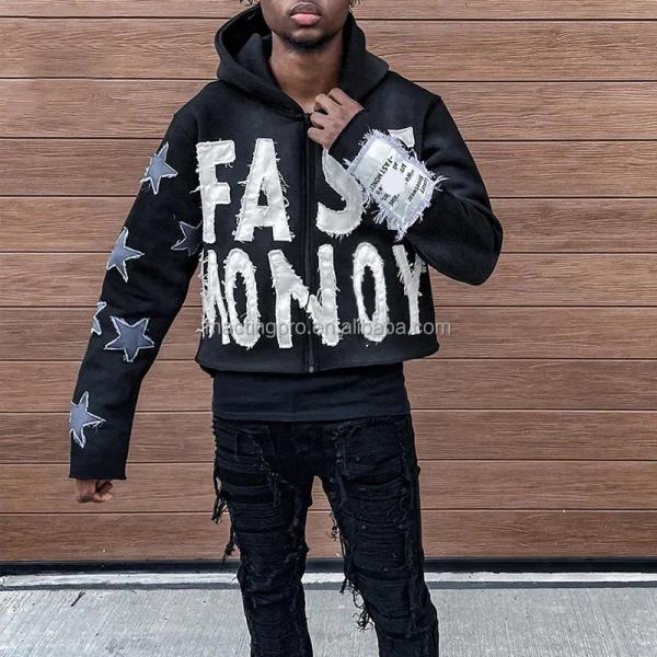 Brown Blue Black Distressed Hoodie Mens Autumn Season Embroidery Boxy Zip Up Hoodie