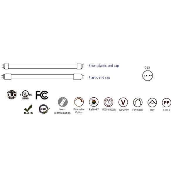 Plastic End Cap Glass Tube Light 17W 1200mm T8 LED Tubes with IP66 Rating and 125lm/w