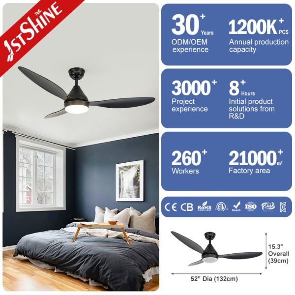 52 Inch Black Modern Ceiling Fan with Light Featuring Silent DC Motor and Remote Control