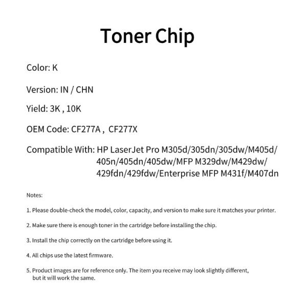 CF277A Toner Cartridge Chip For Pro M305d M405d M429dw CF277X Cartridge HP77A/X