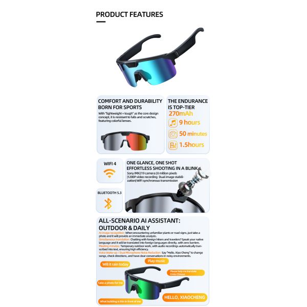 AI Smart Glasses with Camera, 4K Video Recording Sunglasses with Camera,Voice Assistant