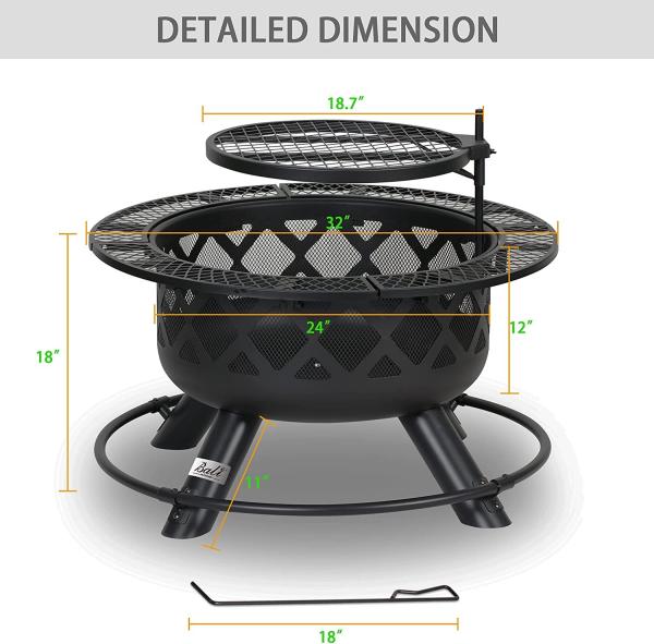 Outdoors Steel Wood Burning Fire Pit Backyard With Cooking Grill 32in 24in