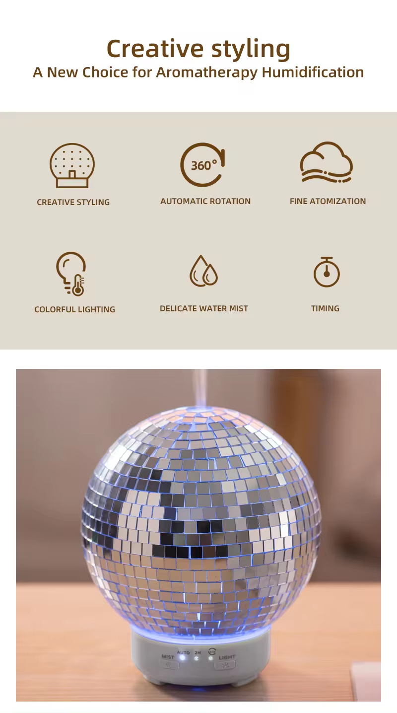 Factory Supply 100ml Rotation Disco Ball Essential Oil Diffuser Mirror Ball 3D Glass Humidifier Ultrasonic Aroma Diffusers