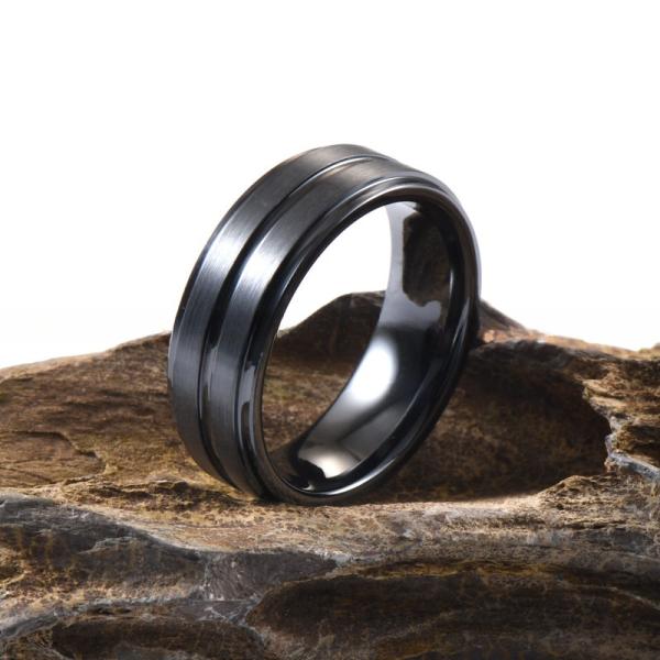 Step Edge Black Ceramic Wedding Band 8mm Brushed Center Grooved For Men Anniversary Gift