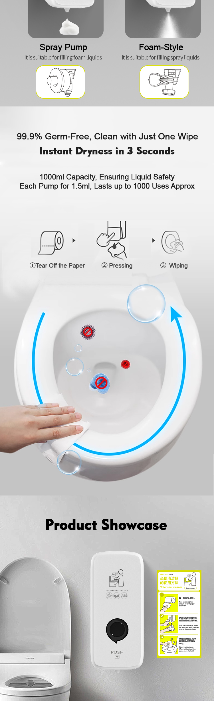 Manual Liquid Soap Dispenser Wall Mounted 1000ml Toilet Seat Sanitizer Dispenser