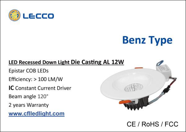 LED Recessed  Downlight 12W Benz Type Die Cast Aluminum 100 LM / W CRI > 80 COB Light Source