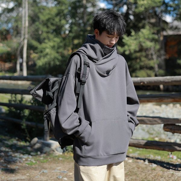 Vintage Turtleneck Windproof Face Cover Hoodie, Unique Introvert Street Casual Sweatshirt
