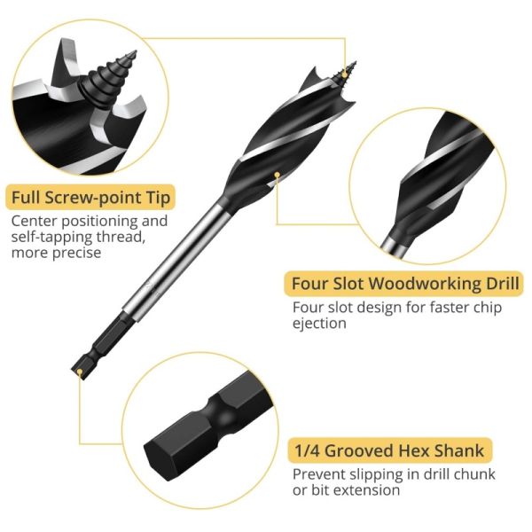 16mm Hex Shank Wood Drill Bit Four Flutes Double Spurs Wood Auger Drill Bit With Slot