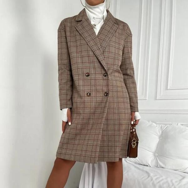                  Office Ladies Notched Collar Plaid Coat Women Blazer Double Breasted Trench Winter Jacket 2021 Casual Long Coats for Ladies             