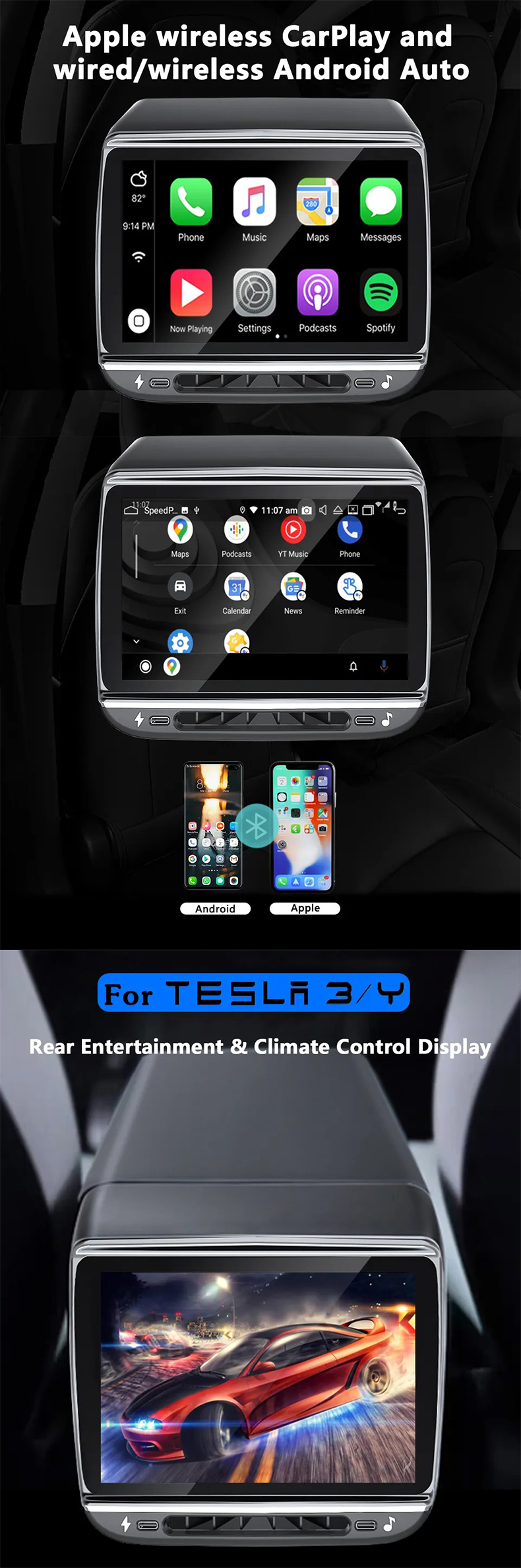 Tesla Model Y 2023 Аксессуары Заднее развлечение Дисплей управления климатом Android 10
