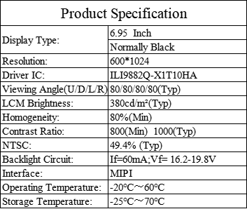 6.95 Inch INCELL WSVGA TFT LCD Display Screen 600x1024 380cd/M2 Brightness