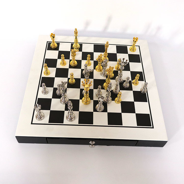 Portable Foldable Chess Set with Zinc Alloy Pieces and Wooden Chessboard for Outdoor Games
