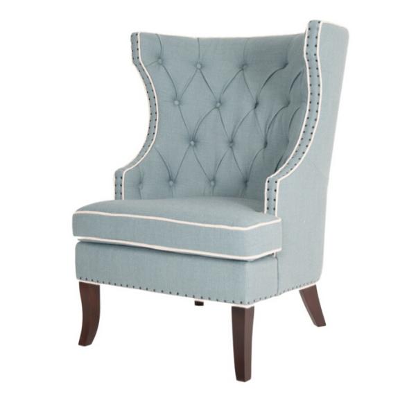 Occasional bedroom loung leisure chair tufted back oak wood chair linen fabric with armrest nails