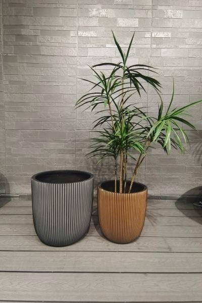 Silver Hue Stripe Patterns Round Fiber Clay Planter Lightweight Rooftop Gardens Landscaping Project