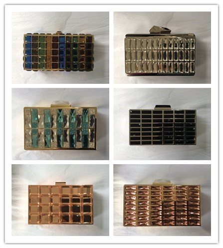 Rectangle Shape Stone Clutch Bag Gold Frame Silver Glass Stone For Elegant Lady